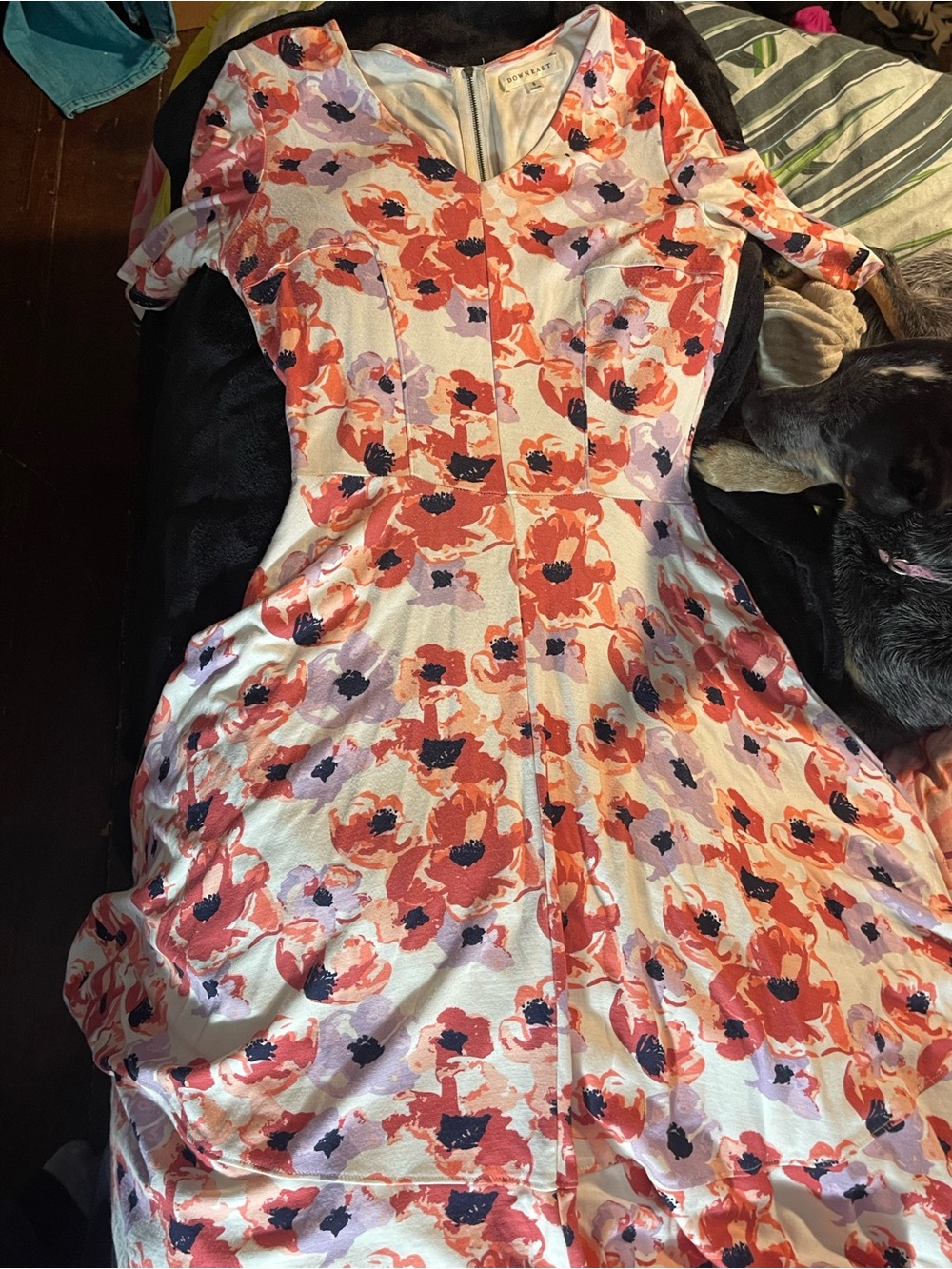 Down East Coral/White Floral Midi Dress Fit & Flare, Size S